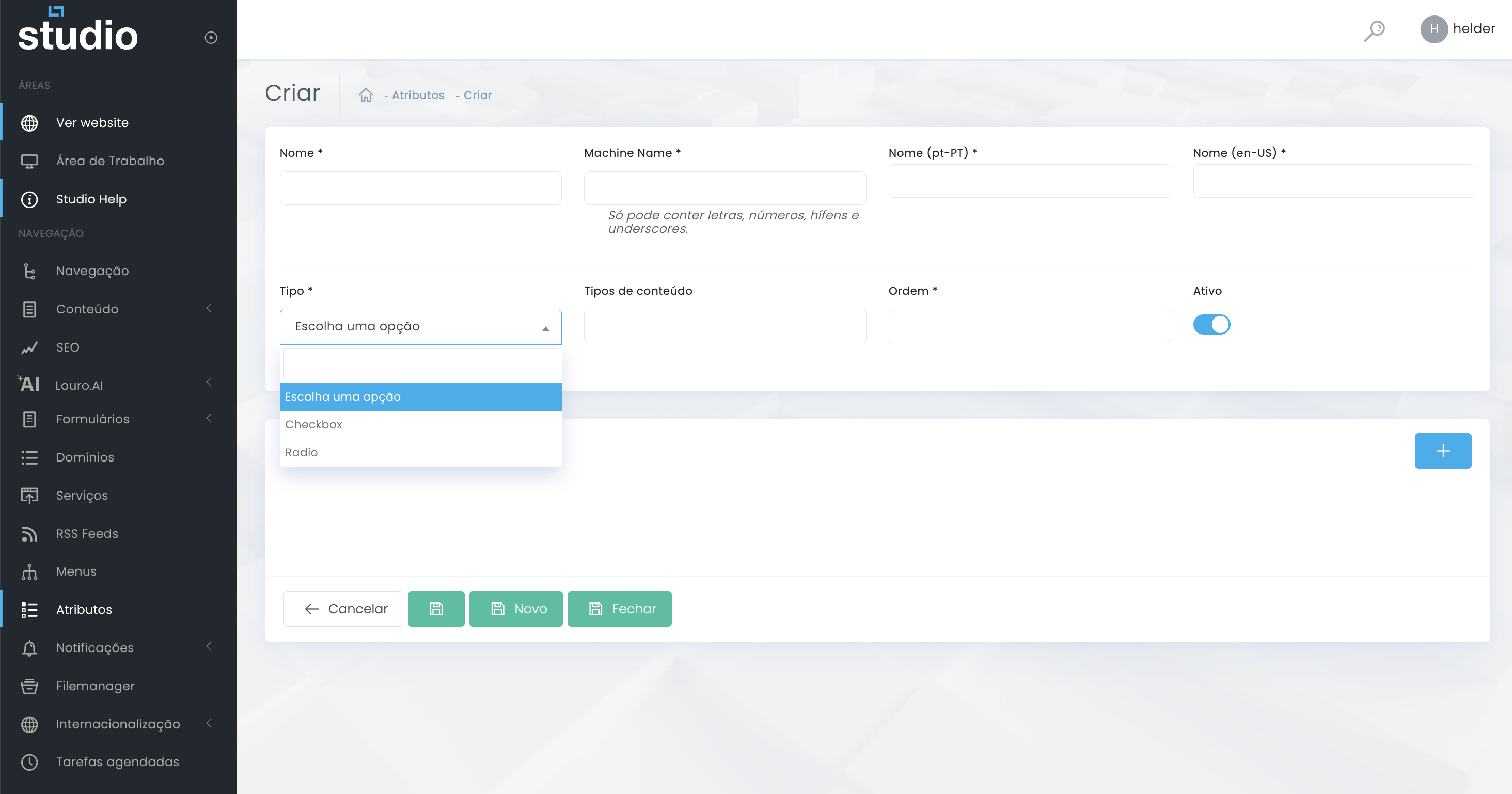 Tipos de atributo no Studio CMS